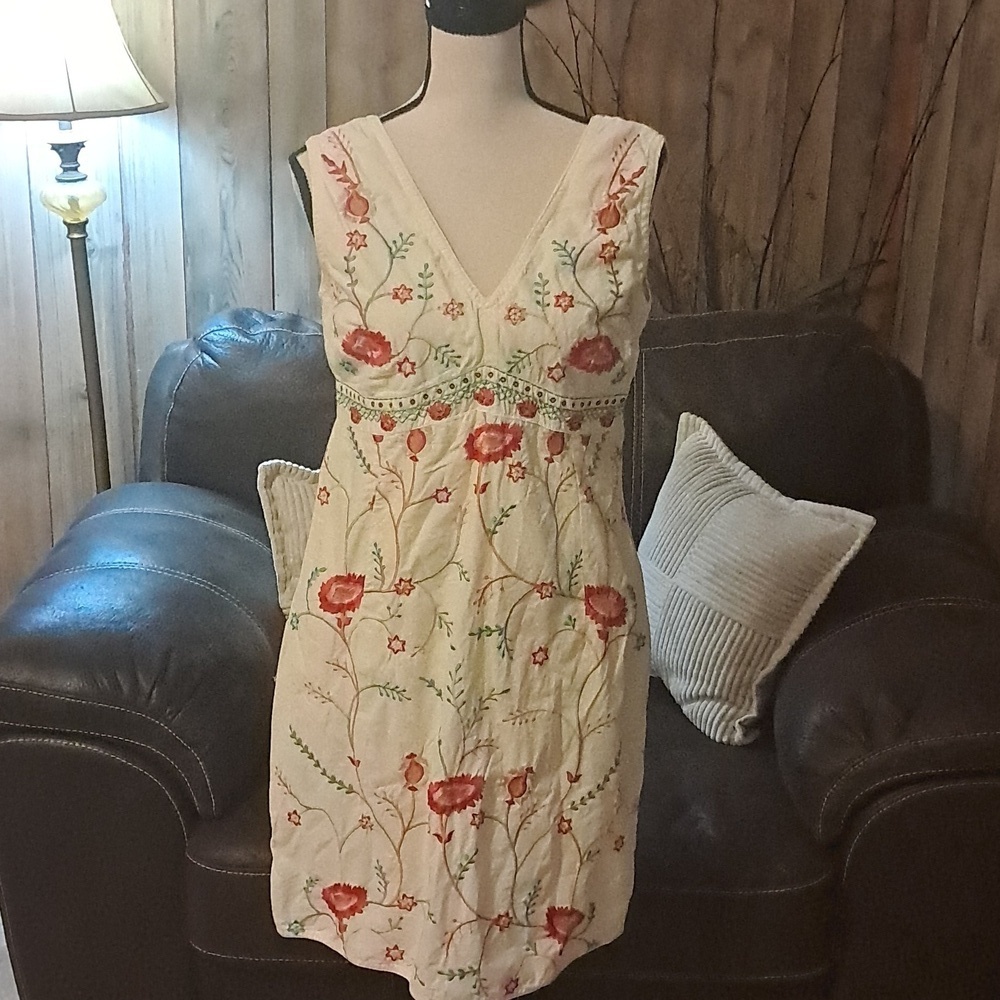 Floral Embroidered Midi Dress Cream/Red Size M Boho Festival Hippie Cottagecore - Picture 3 of 8